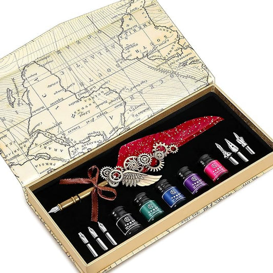 NC Feather Calligraphy Set, Quill Pen Ink Set Includes 5 Bottles of Ink and 6 Replaceable Stainless Steel Nibs, Calligraphy Pen for Writing, Writing Letters, Signing Invitations Etc (Red)