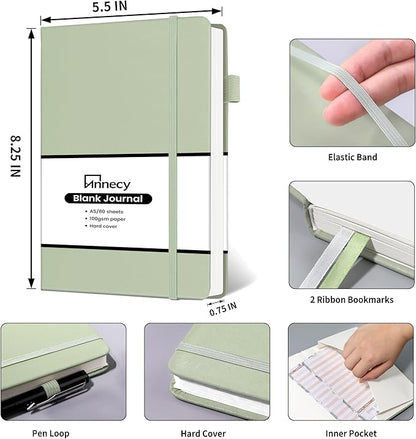 Annecy Blank Journal Notebook, Medium 5.5x 8.25, 160 Pages 100GSM Writing Paper, A5 Grey Green Faux Leather Cover with Pen Loop