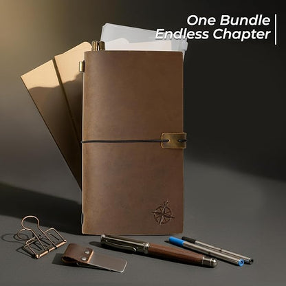 WANDERINGS Regular Size Travelers Notebook/Handcrafted Genuine Leather Journal - 4.5"x8.5" / 11.5cm x 22cm - Includes a Pen Holder with a Pen and 2 extra Ink Refills, a PVC Folder, and a Binder Clip