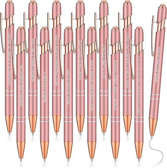 Zonon 12 Pcs Inspirational Pens Bulk Funny Ballpoint Pen with Stylus Tip Motivational Gifts for Christmas Teacher Coworkers Nurse School Office Supplies(Rose Gold,Nurse Style)