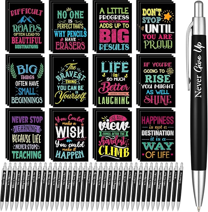Yeaqee 72 Pcs Motivational Pens Notepads Gifts Set Inspirational Quote Ballpoint Pen Small Notebook Mini Journal Bulk Present Idea for Teacher Coworker Gifts Women Office School(Inspirational)