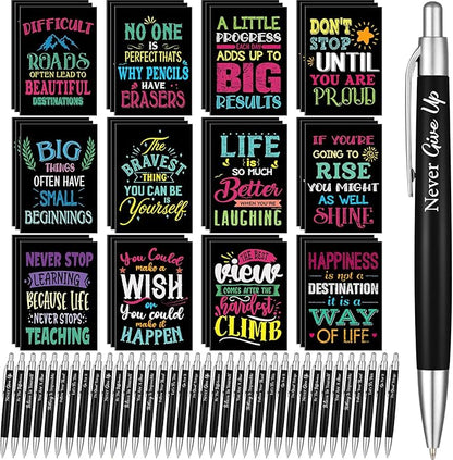 Yeaqee 72 Pcs Motivational Pens Notepads Gifts Set Inspirational Quote Ballpoint Pen Small Notebook Mini Journal Bulk Present Idea for Teacher Coworker Gifts Women Office School(Inspirational)