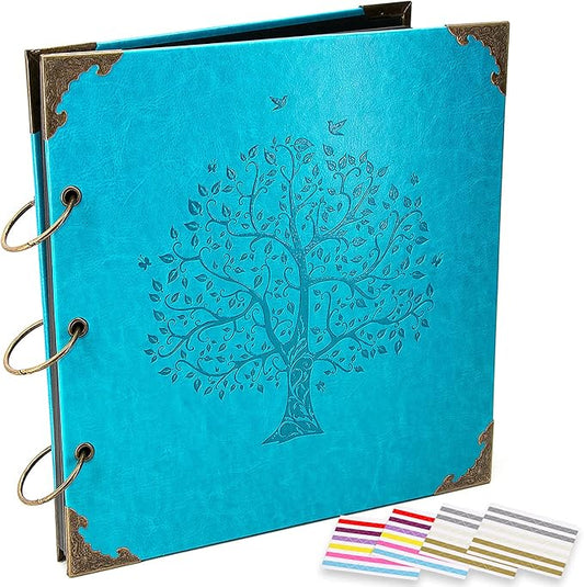 Photo Album DIY Scrapbook, 10x10 inch 50 Pages Vintage Leather Cover Three-Ring Binder Picture Booth Albums + 9 Colors 408pcs Self Adhesive Photos Corners for Memory Keep (Family Tree, Cyan)