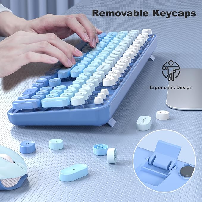Wireless Keyboard and Mouse Combo, MOWUX Full Size Typewriter Retro Round Computer Keyboard, Cute Optical Mouse Wireless, Plug and Play, for Laptop, PC, Computer-Blue Gradient