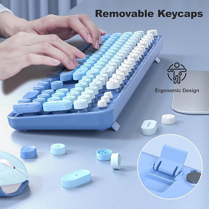Wireless Keyboard and Mouse Combo, MOWUX Full Size Typewriter Retro Round Computer Keyboard, Cute Optical Mouse Wireless, Plug and Play, for Laptop, PC, Computer-Blue Gradient
