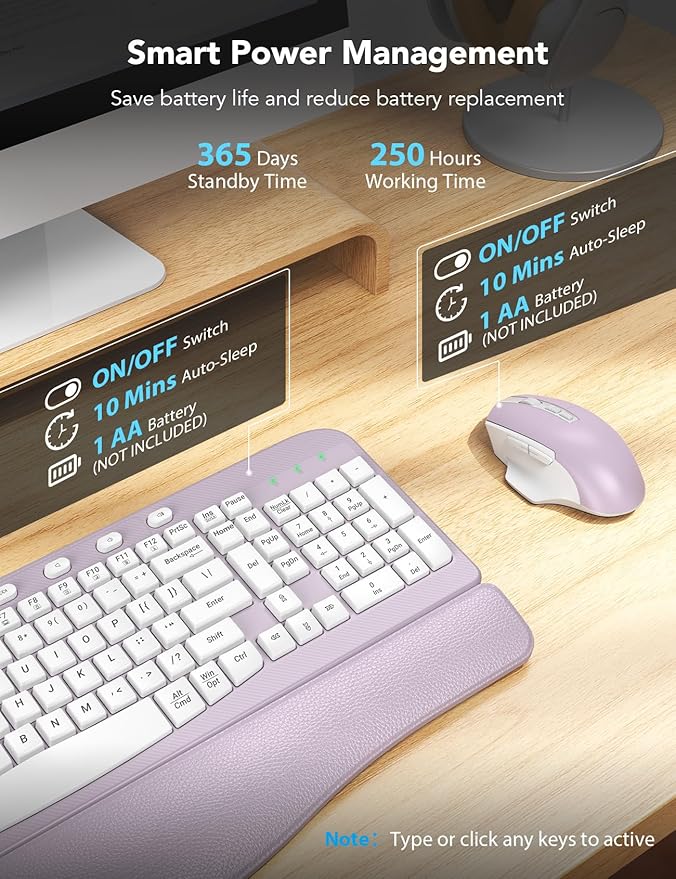 SABLUTE Wireless Keyboard and Mouse Combo, Ergonomic Wave Key, Cushioned Plam Rest, Comfortable Silent Natural Typing, 2.4G Lag-Free, Full Size Keyboards Cordless Set for Multi-OS, Windows/Mac, Purple