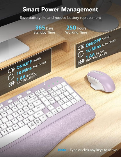 SABLUTE Wireless Keyboard and Mouse Combo, Ergonomic Wave Key, Cushioned Plam Rest, Comfortable Silent Natural Typing, 2.4G Lag-Free, Full Size Keyboards Cordless Set for Multi-OS, Windows/Mac, Purple