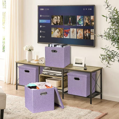 Storage Bins with Lids, Collapsible Linen Fabric Boxes Organizer Containers with Lid Foldable Storage Box Basket for Closet, Shelves, Home, Office, 12 x 12 x 12.4 Inch, 4 Pack, Purple