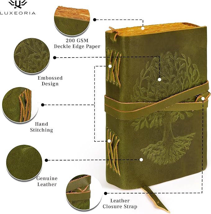 LUXEORIA Tree Of Life Leather Journal for Women and Men, Handcrafted Leather Journal for Writing Womens, Sketchbook, Travel Diary with Unlined Deckle Paper, Mint Green 5x7