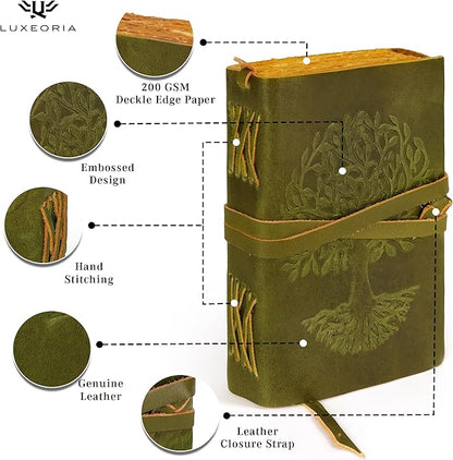 LUXEORIA Tree Of Life Leather Journal for Women and Men, Handcrafted Leather Journal for Writing Womens, Sketchbook, Travel Diary with Unlined Deckle Paper, Mint Green 5x7