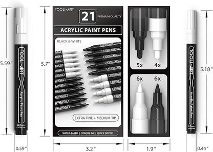 TOOLI-ART Black And White Acrylic Paint Markers Paint Pens Set For Rock Painting, Canvas, Mugs, Metal, Glass Paint, Fabric, Wood, DIY. Non Toxic, Quick Dry,Waterbas (EXTRA FINE & MEDIUM)