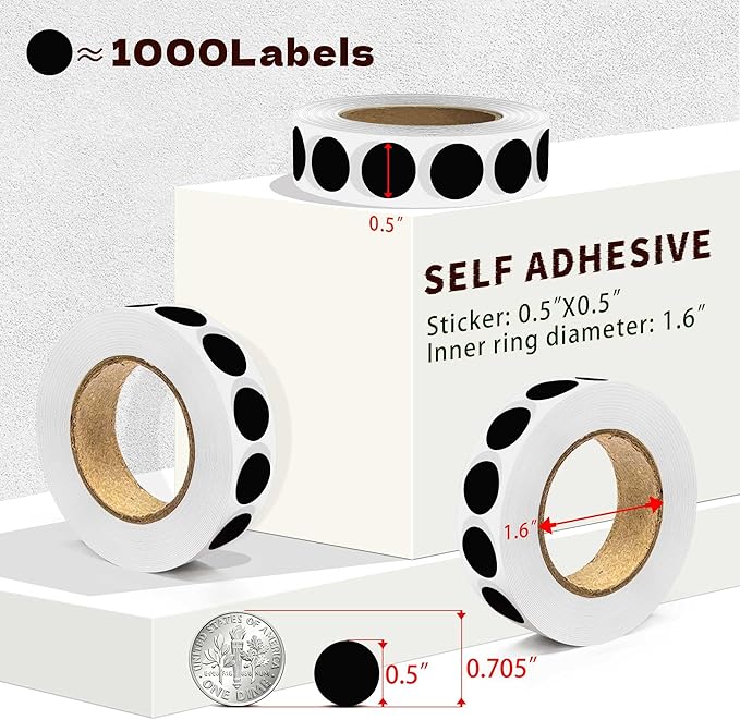 1000PCS Black Colored Dot Stickers Round Coding Circle Label Stickers 0.5 inch Label in Dispenser Box for Office Classroom