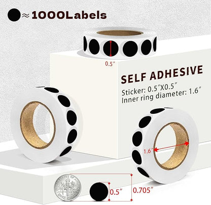 1000PCS Black Colored Dot Stickers Round Coding Circle Label Stickers 0.5 inch Label in Dispenser Box for Office Classroom