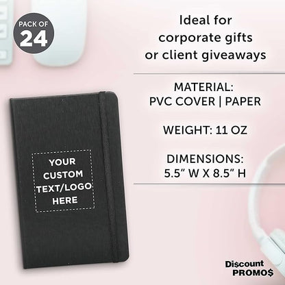 DISCOUNT PROMOS Custom Hardcover Notebook Journals with Elastic Colored Band Set of 24, Personalized Bulk Pack - Perfect for School, Office, Home - Black