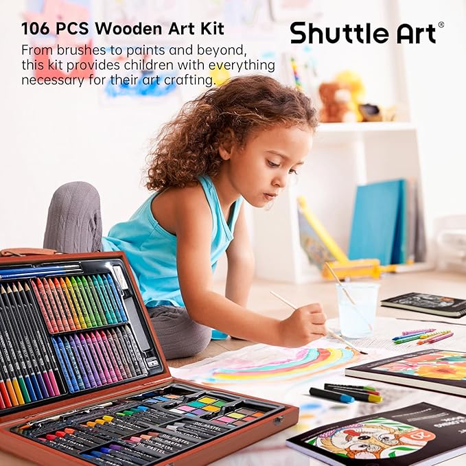 Shuttle Art 106 Piece Deluxe Art Set, Art Supplies in Wooden Case, Painting Drawing Art Kit with Crayons Colored Pencils Oil Pastels Watercolor Cakes Coloring Book Sketch Pad for Kids Adults