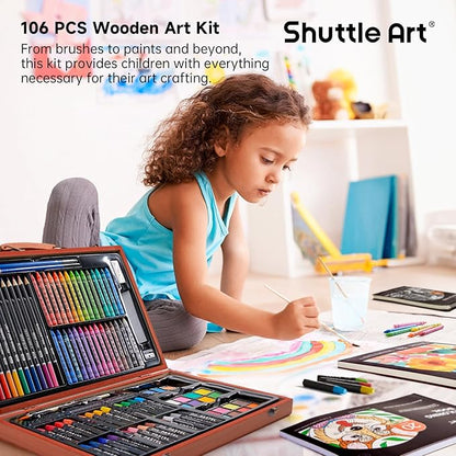 Shuttle Art 106 Piece Deluxe Art Set, Art Supplies in Wooden Case, Painting Drawing Art Kit with Crayons Colored Pencils Oil Pastels Watercolor Cakes Coloring Book Sketch Pad for Kids Adults