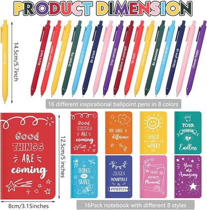 Funrous 32 Pcs Motivational Quote Pens Inspirational Notepads Mini Journal with Ballpoint Pen Small Notebooks Gift Set for Men Women Coworkers, Adult Party Favors Prizes Gift Bulk(Minimalistic)