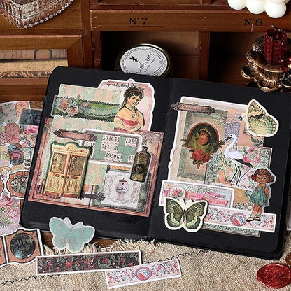 200PCS Vintage Scrapbooking Supplies Pack, Aesthetic Scrapbook Sticker Paper Art Journaling Kit for Bullet Junk Journals,Planner,Cottagecore Decor Gifts (Green Vintage Collection)