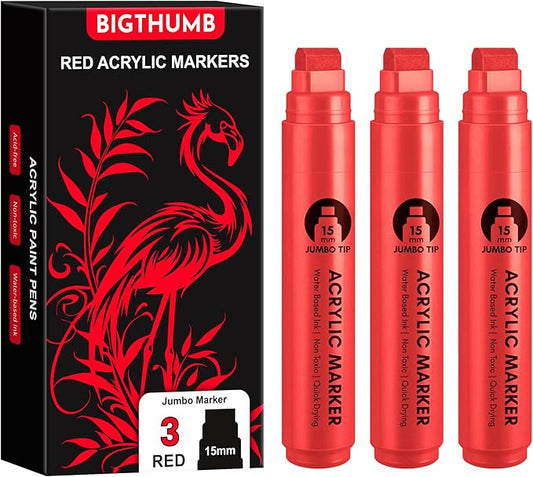 3 Pcs Red Jumbo Permanent Markers: 15mm Wide Tip Thick Acrylic Paint Pen Large Calligraphy Marker for Rock Painting, Poster, Sign, Canvas, Glass, Wood, Ceramic