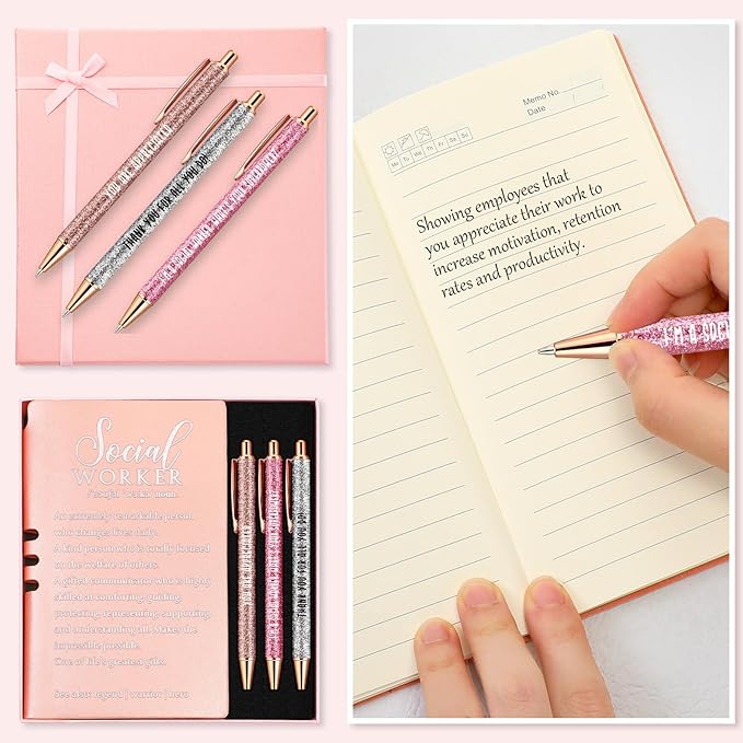5 Pcs Employee Appreciation Gift Leather Journal Notebook 3 Ballpoint Pens with Box Thank You for Boss Emergency Nurses Medical Assistant Lady Coworker Teacher Social Worker(Pink)