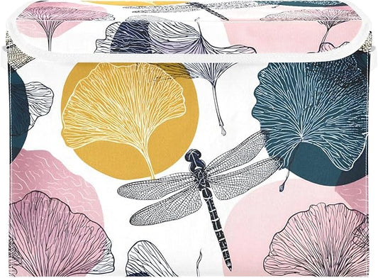 Dragonfly Storage Bins Box with Lids Collapsible Fabric Storage Basket Lidded Cube Storage Containers for Organizing Shelves Closet Office