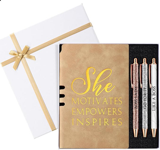 5 Pcs Boss Gifts for Women Set Leather Journal Ballpoint Pens with Box Thank You Employee Appreciation Thanksgiving Christmas Gifts for Female Leader Birthday Bestie Coworker (Khaki)