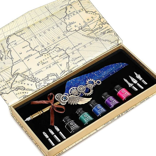 NC Feather Pen Ink Set, Quill Pen Includes 5 Bottles of Ink and 6 Replaceable Nibs, Mechanical Quill Pen for Writing, Letters, Diary, Signing, Invitations (Navy Blue)
