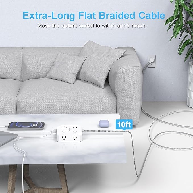Surge Protector Flat Plug Power Strip, 10Ft Extension Cord with Multiple Outlets, 8 Outlet Splitter with 4 USB(2 USB C) Ports, Desk Charging Station for Home, Office, College, Dorm Room Essentials