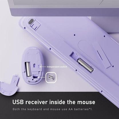 UBOTIE Wireless Keyboard and Mouse Combo with Phone Holder Wrist Rest, Round Colorful Keys, Power Switches, 2.4GHz USB Receiver, Full-Size QWERTY Layout for PC Laptop(Purple Colorful)