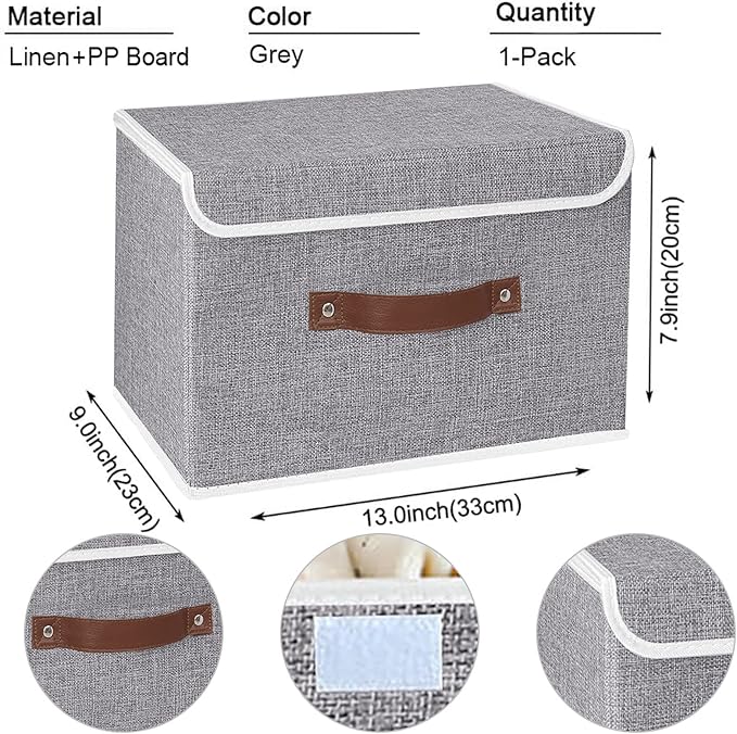 Yawinhe Collapsible Storage Boxes, Foldable Bin with Lids, Cube Clothes Organizer Basket with Handles, Grey, 13.0''Lx9.0''Wx7.9''H, 1-Pack, SNK024GS-1
