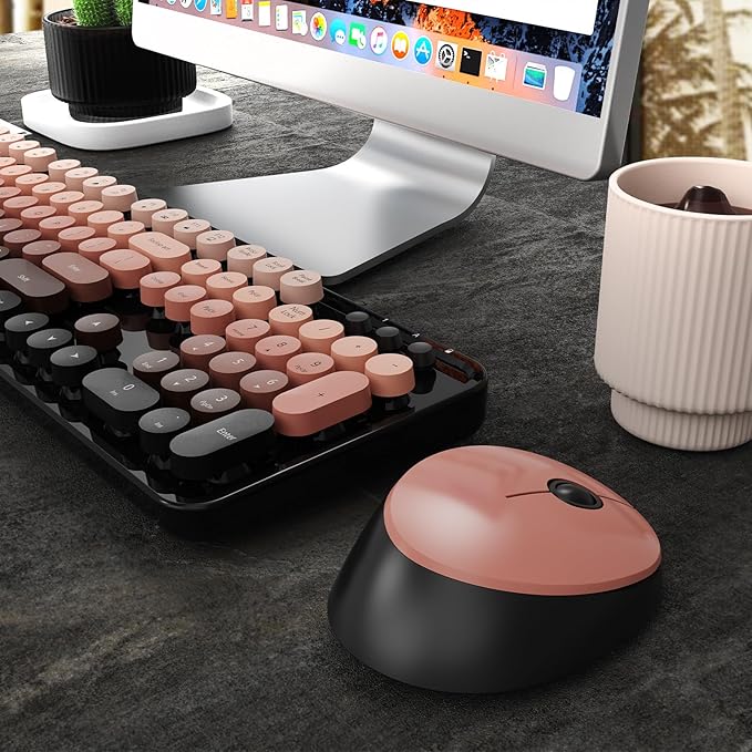Wireless Keyboard and Mouse Combo, Retro Typewriter Keyboard with Round Keycaps, Full-Size Ergonomic, Aurora Red, Ideal for Windows PC, Home, Office, and College