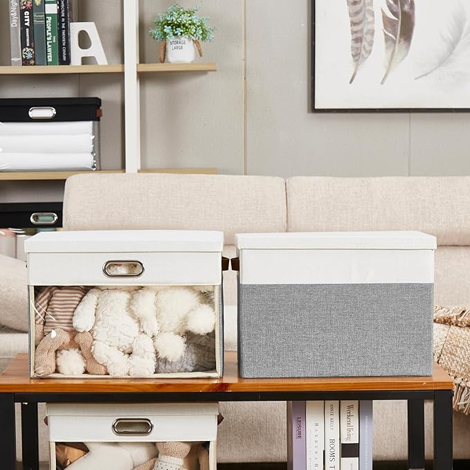 Fabric Clear Window Storage Bins with Lid, Closet Storage Box Linen Closet Baskets with 3 Handles for Organizing Clothing, Jeans, Shelves 17''- 3 Pack (Gray and White)