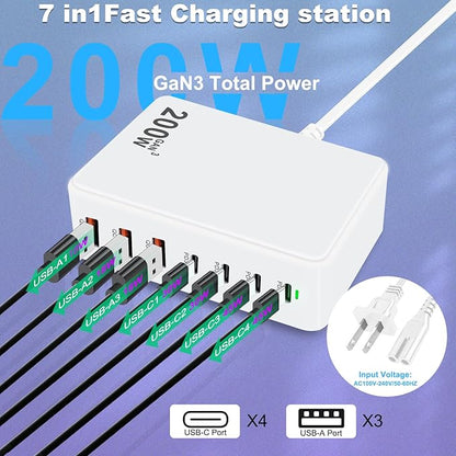 USB C Charger 200W USB C Charger Block, Upgraded GaN 7-Port Fast Charging Station Hub,PD 45W Laptop Charger Adapter, Compatible with MacBookAir/Pro, DELL, iPhone16/15, iPad, Steam (White)