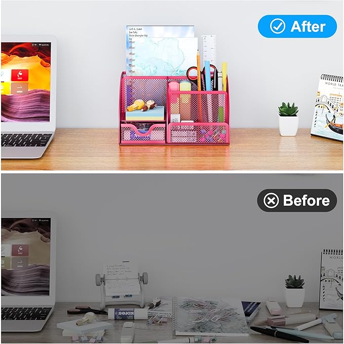 EasyPAG Mesh Desk Organizer with Drawer Multi-functional Pen Holder Stationery Organizer for Office School Supplies 6 Compartments Dorm Organizers and Storage for Desk, Hot Pink