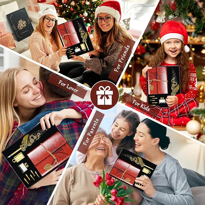 Quill Pen and Ink Set Antique Calligraphy Pen Set with Feather Pen,Leather Notebook for Writing,5 Replaceable Nibs,Pen Holder,Ink,Calligraphy Pens for Beginners Vintage Decor Gift Set