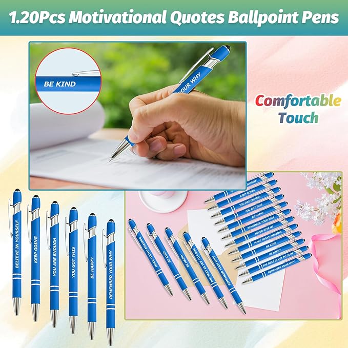 40 Piece Inspirational Pens Kit with Stylus Tip & Sayings – 20 Motivational Pen + 20 Individual Bags – Uplifting Quote & Positive Ideas – For Teachers, Office, School, Meetings, Team Events(Blue)