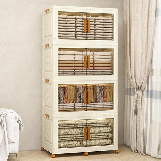 Plastic Stackable Storage Bins with Lids and Wheels, Foldable Closet Organizers and Storage Containers, Collapsible Clear Drawer Storage Cabinet with Doors Ivory White 608 QT