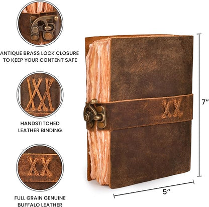 LEATHER VILLAGE Leather Bound Vintage Journal for Women & Men - Book of Shadows - Lock Closure - 200 Pages of Antique Deckle Edges Handmade Paper - Rustic Brown Color - 7 X 5 inches