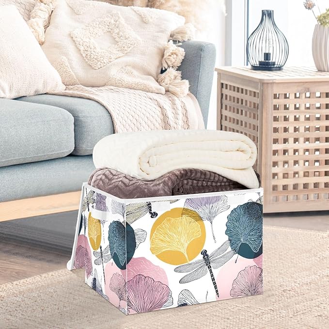 Dragonfly Storage Bins Box with Lids Collapsible Fabric Storage Basket Lidded Cube Storage Containers for Organizing Shelves Closet Office