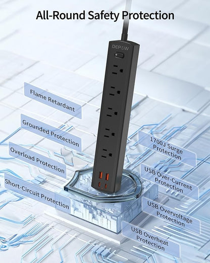 Black Surge Protector Power Strip, Ultra Thin 5 Ft Flat Plug Extension Cord, 1700 Joules, 5 Widely Spaced Outlets with 4 USB Ports (2USB-C), 1875W/15A, Wall Mount for Home Office, Black