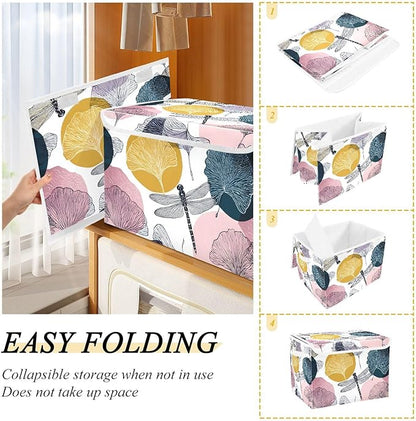 Dragonfly Storage Bins Box with Lids Collapsible Fabric Storage Basket Lidded Cube Storage Containers for Organizing Shelves Closet Office