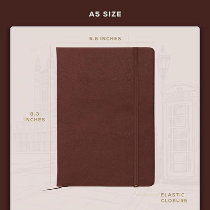 BEECHMORE BOOKS Lined Journal Notebook, 5.8 x 8.3 inch, A5 160 Lined Pages, Hardcover Leather Journals for Women, Men, Writing and Notebooks for Work - 120 GSM Thick Paper, Gifts Box Included (Chestnut Brown)