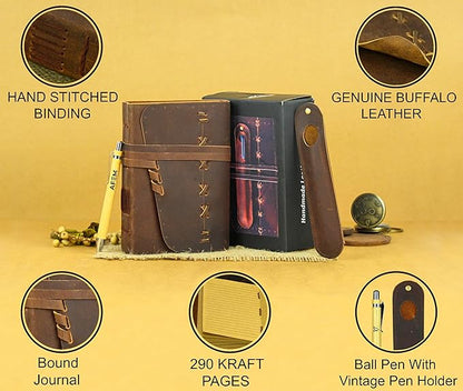 Small Leather Bound Journal with 290 Lined Pages – Handmade Vintage Writing Notebook, Travel Diary & Sketchbook for Women and Men