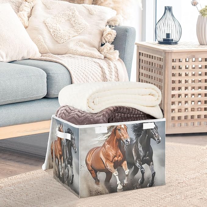 Running Horses Storage Bins Box with Lids Collapsible Fabric Storage Basket Lidded Cube Storage Containers for Organizing Shelves Closet Office