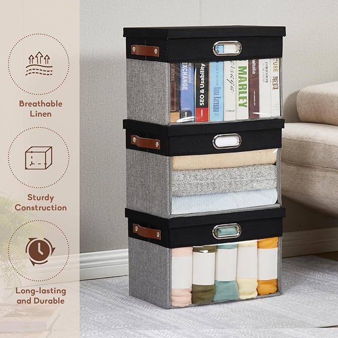 Fabric Clear Window Storage Bins with Lid, Closet Storage Box Linen Closet Baskets with 3 Handles for Organizing Clothing, Jeans, Shelves 15''- 3 Pack (Gray and Black)