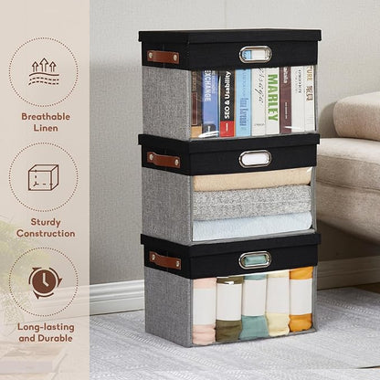 Fabric Clear Window Storage Bins with Lid, Closet Storage Box Linen Closet Baskets with 3 Handles for Organizing Clothing, Jeans, Shelves 15''- 3 Pack (Gray and Black)