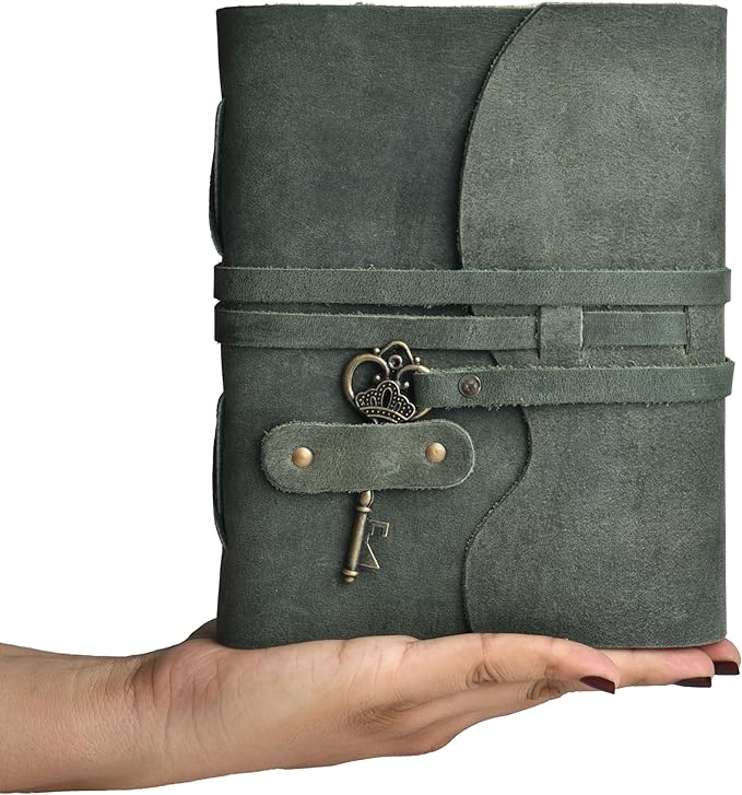 LEATHER VILLAGE Vintage Leather Journal – 200 Handmade Vintage Deckle Edge Paper – Leather bound Journal For Women Men – Vintage Key Closure - Book of Shadows - Aqua - 13X8 inches