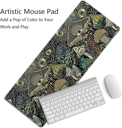Boho Mushroom Mouse Pad,Dark Green Cottagecore Mushrooms Desk Mat,XL Large Magic Mouse Pads for Dorm Home Office Desktop Decor Art,31.5x11.8 Inch