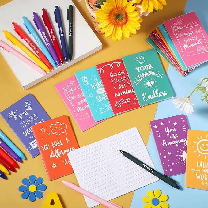 Funrous 32 Pcs Motivational Quote Pens Inspirational Notepads Mini Journal with Ballpoint Pen Small Notebooks Gift Set for Men Women Coworkers, Adult Party Favors Prizes Gift Bulk(Minimalistic)