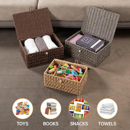 OIAHOMY Wicker Storage Basket with Lid & Lock, Lidded Storage Bins, Decorative Baskets for Organizing, Set of 2-Grey